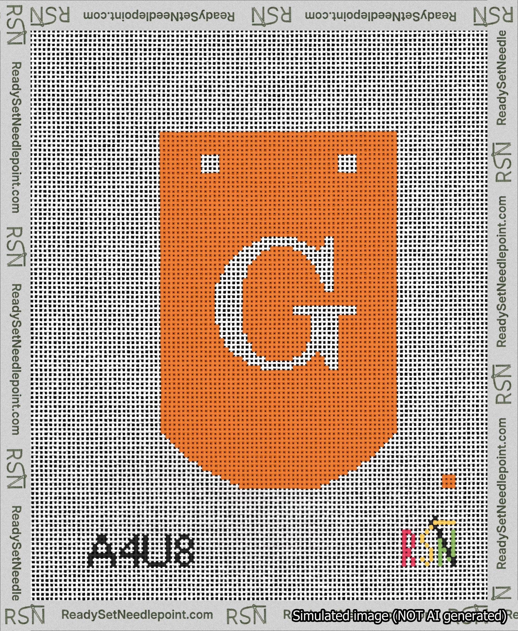 A taped needlepoint canvas with the design: Banner 13 mesh count Curved G White on Orange.