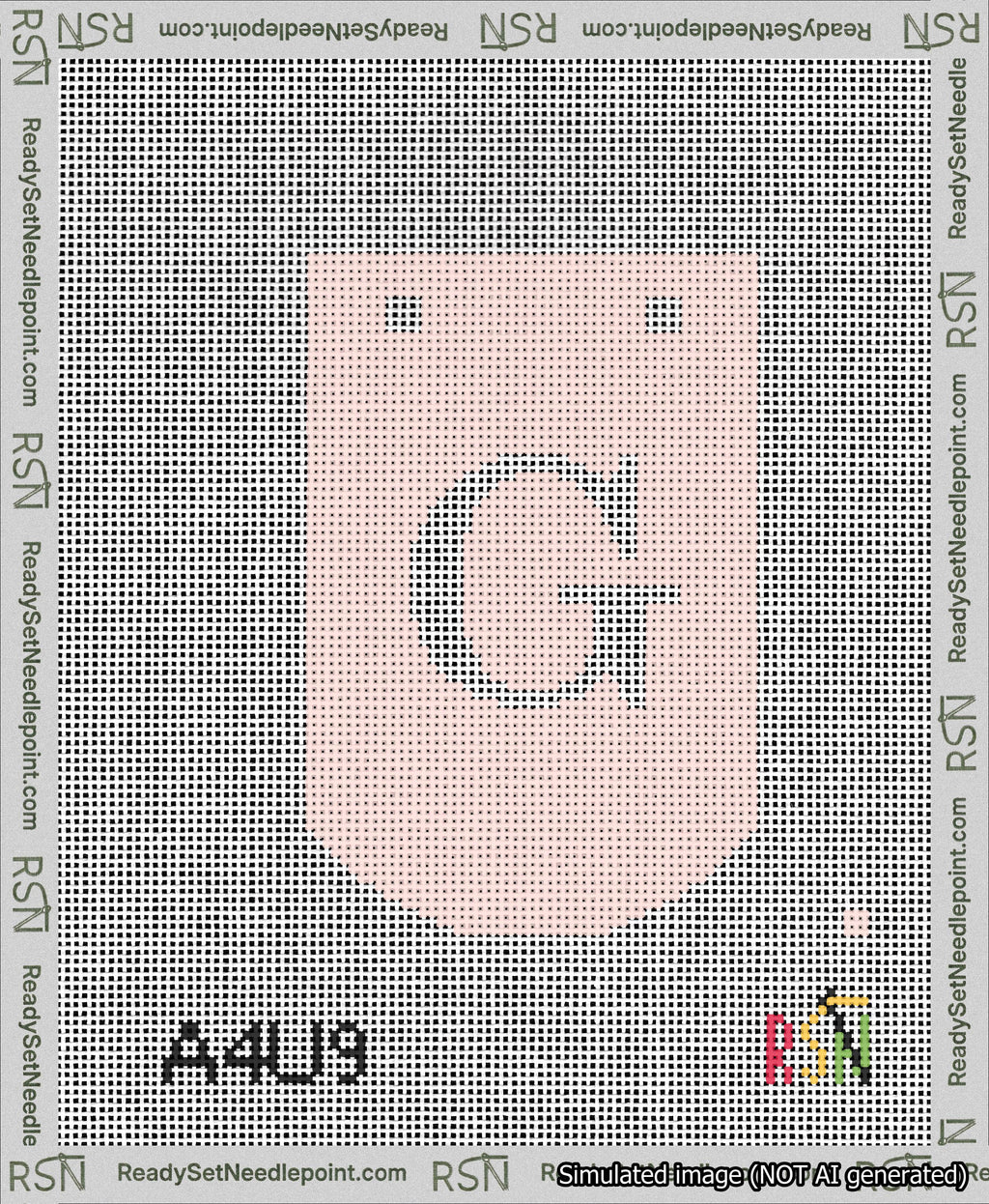 A taped needlepoint canvas with the design: Banner 13 mesh count Curved G White on Pink.