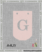 A taped needlepoint canvas with the design: Banner 13 mesh count Curved G White on Pink.