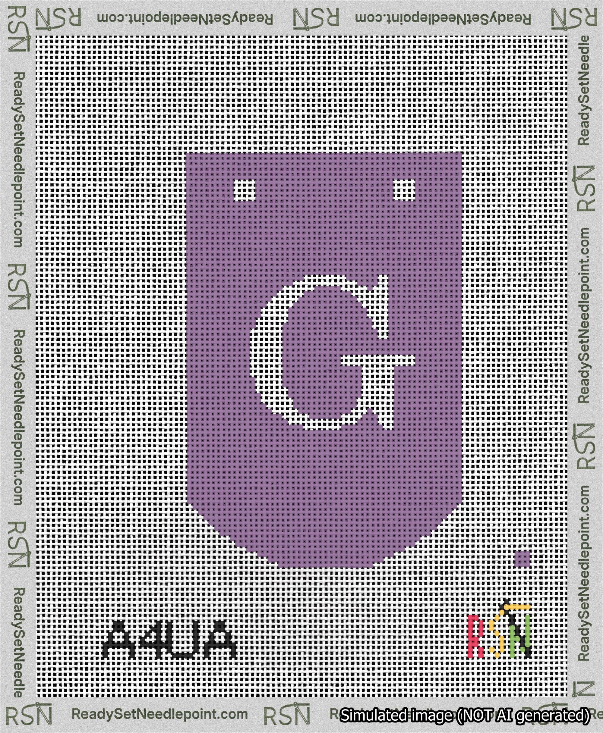 A taped needlepoint canvas with the design: Banner 13 mesh count Curved G White on Purple.