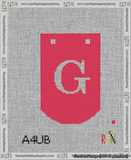 A taped needlepoint canvas with the design: Banner 13 mesh count Curved G White on Red.