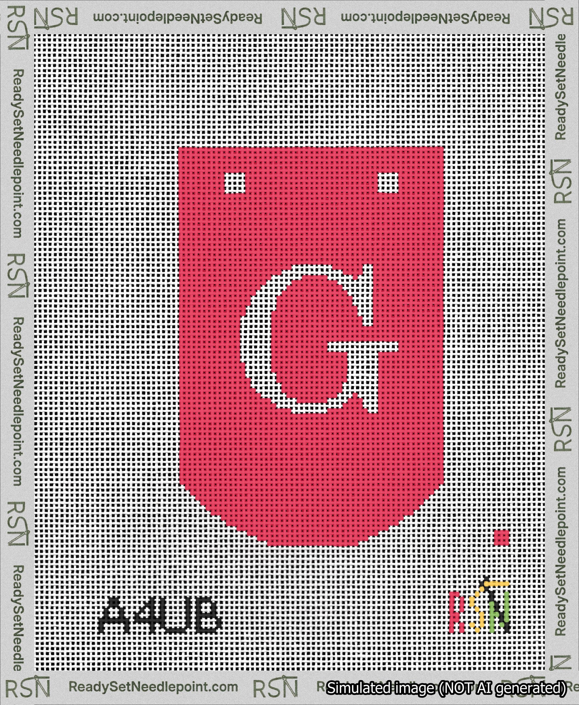 A taped needlepoint canvas with the design: Banner 13 mesh count Curved G White on Red.