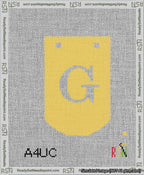 A taped needlepoint canvas with the design: Banner 13 mesh count Curved G White on Yellow.