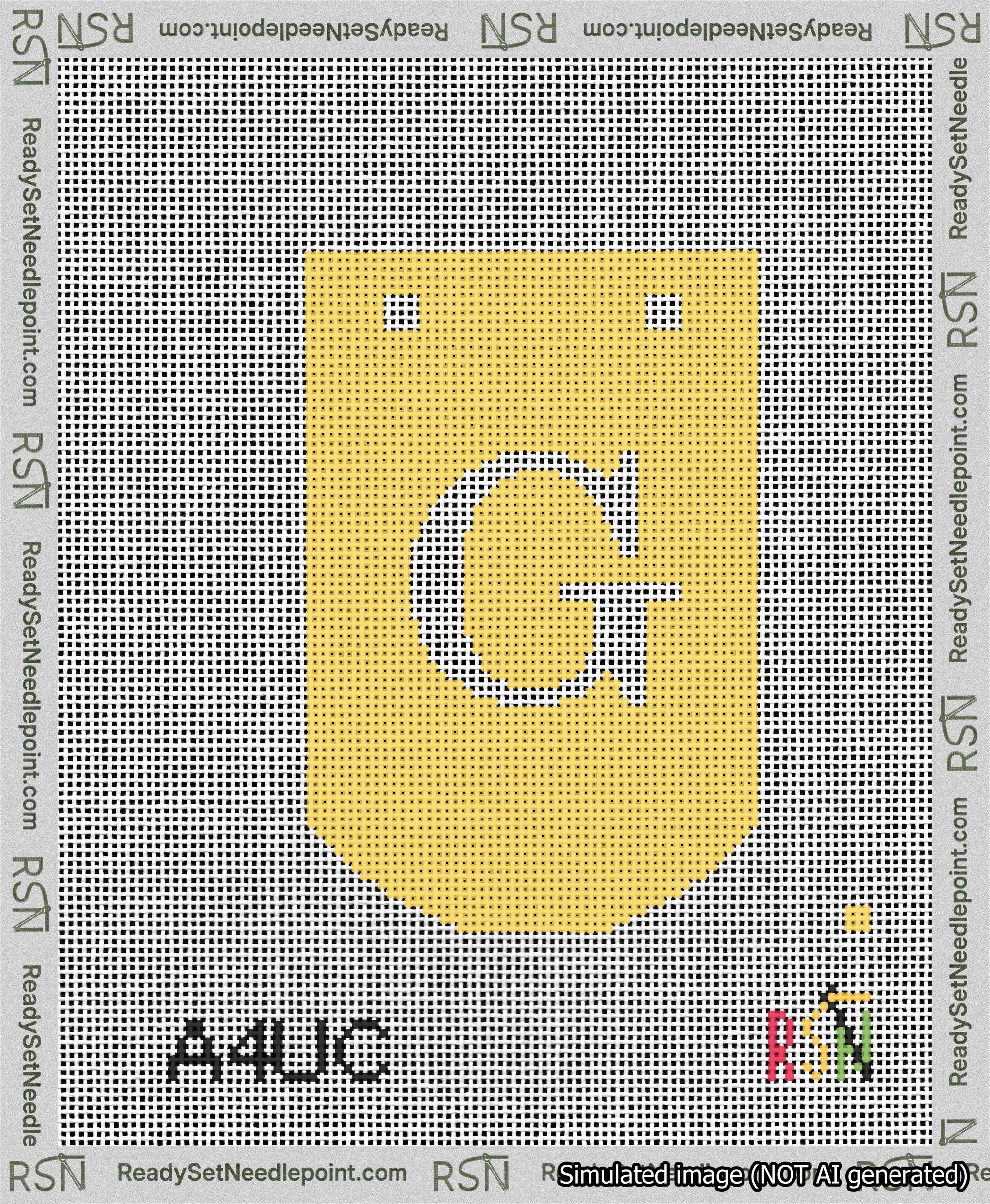 A taped needlepoint canvas with the design: Banner 13 mesh count Curved G White on Yellow.