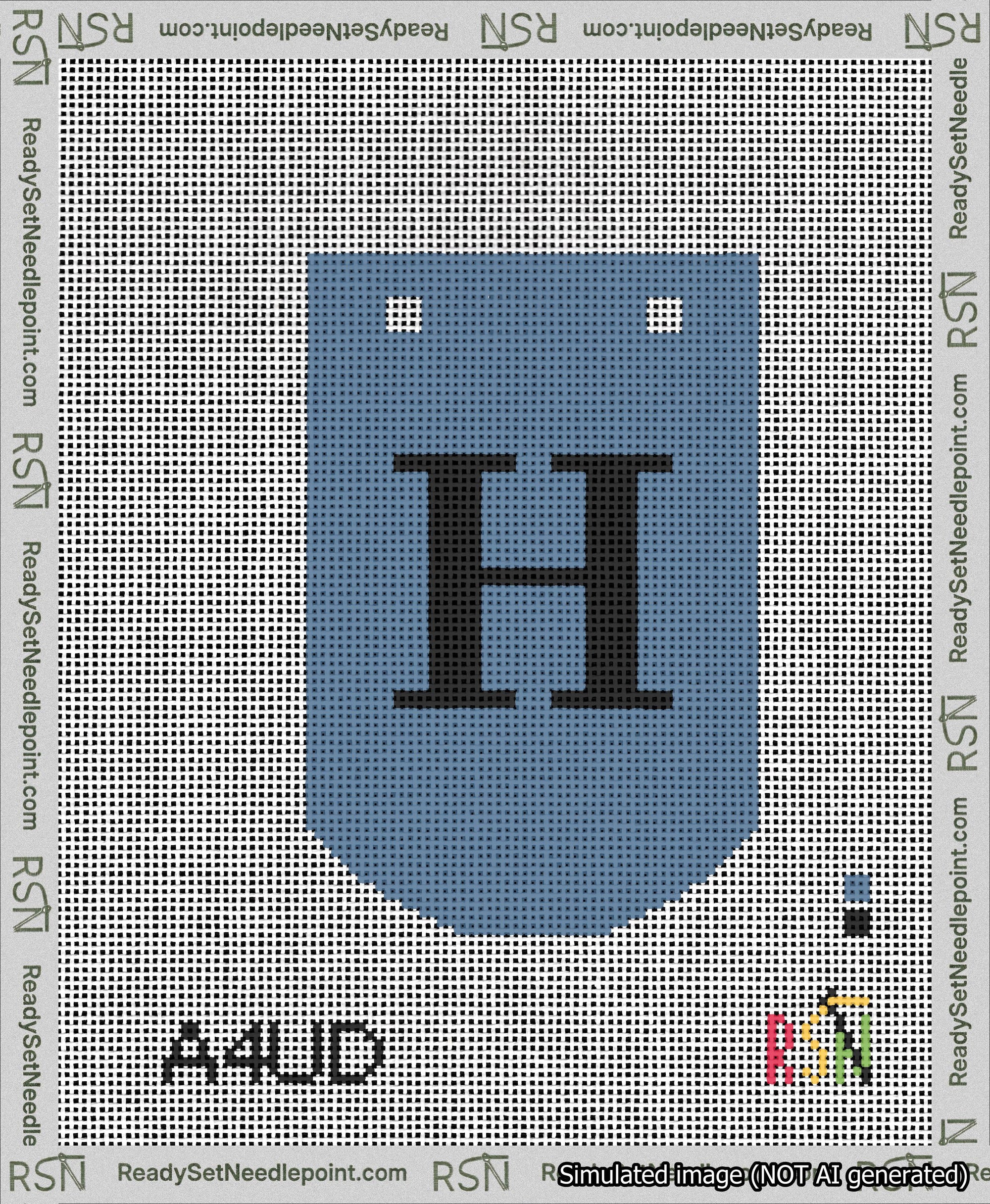 A taped needlepoint canvas with the design: Banner 13 mesh count Curved H Black on Blue.