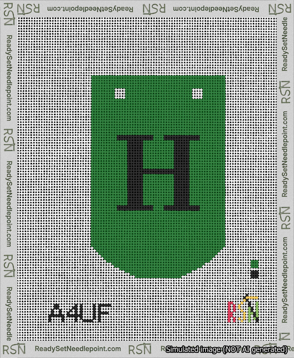 A taped needlepoint canvas with the design: Banner 13 mesh count Curved H Black on Green.