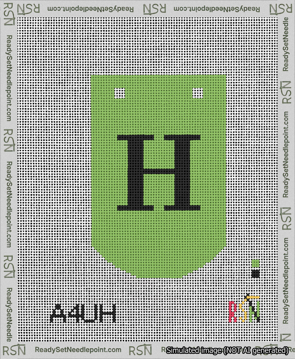 A taped needlepoint canvas with the design: Banner 13 mesh count Curved H Black on Light Green.