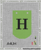 A taped needlepoint canvas with the design: Banner 13 mesh count Curved H Black on Light Green.