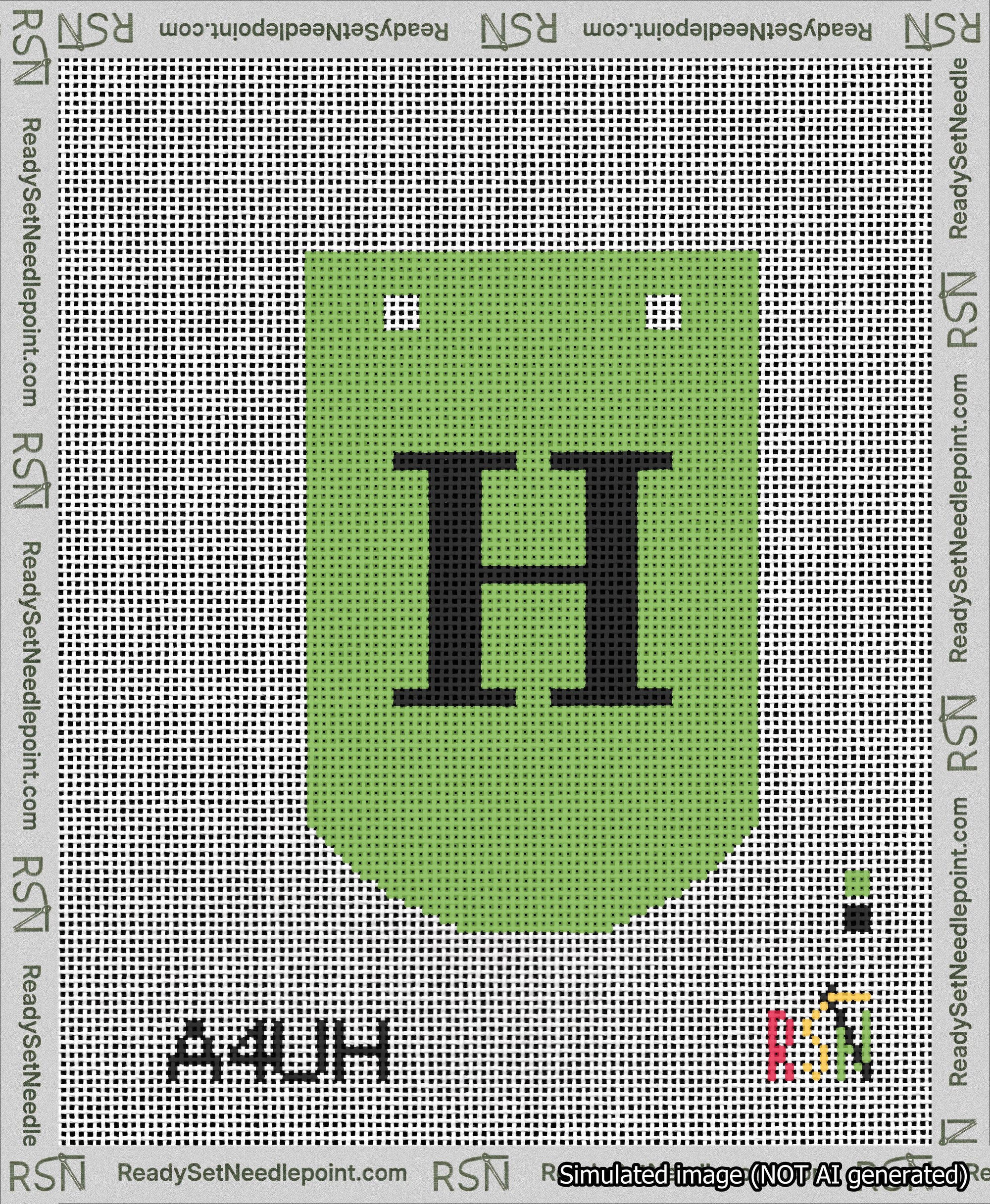 A taped needlepoint canvas with the design: Banner 13 mesh count Curved H Black on Light Green.