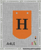 A taped needlepoint canvas with the design: Banner 13 mesh count Curved H Black on Orange.