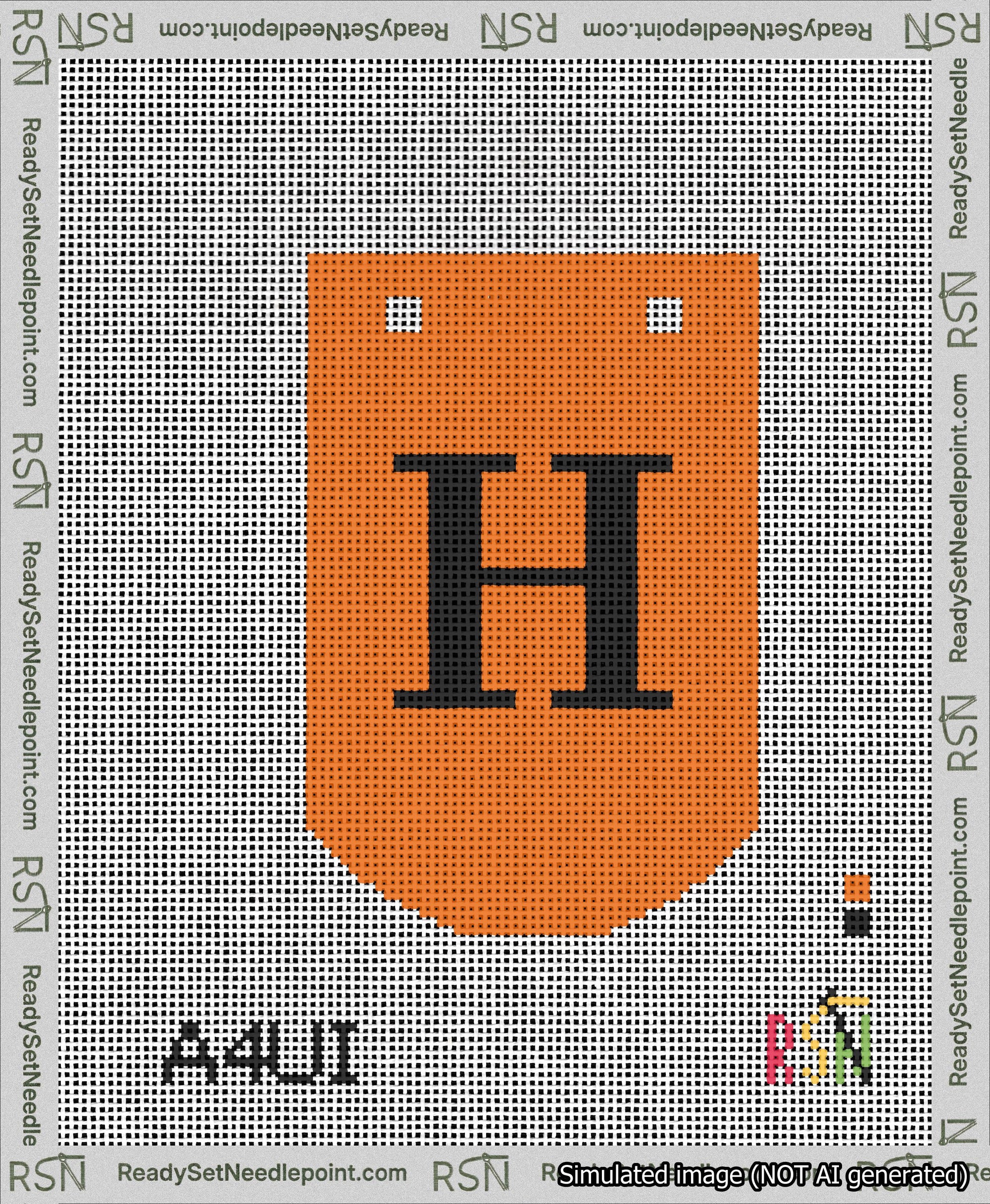 A taped needlepoint canvas with the design: Banner 13 mesh count Curved H Black on Orange.