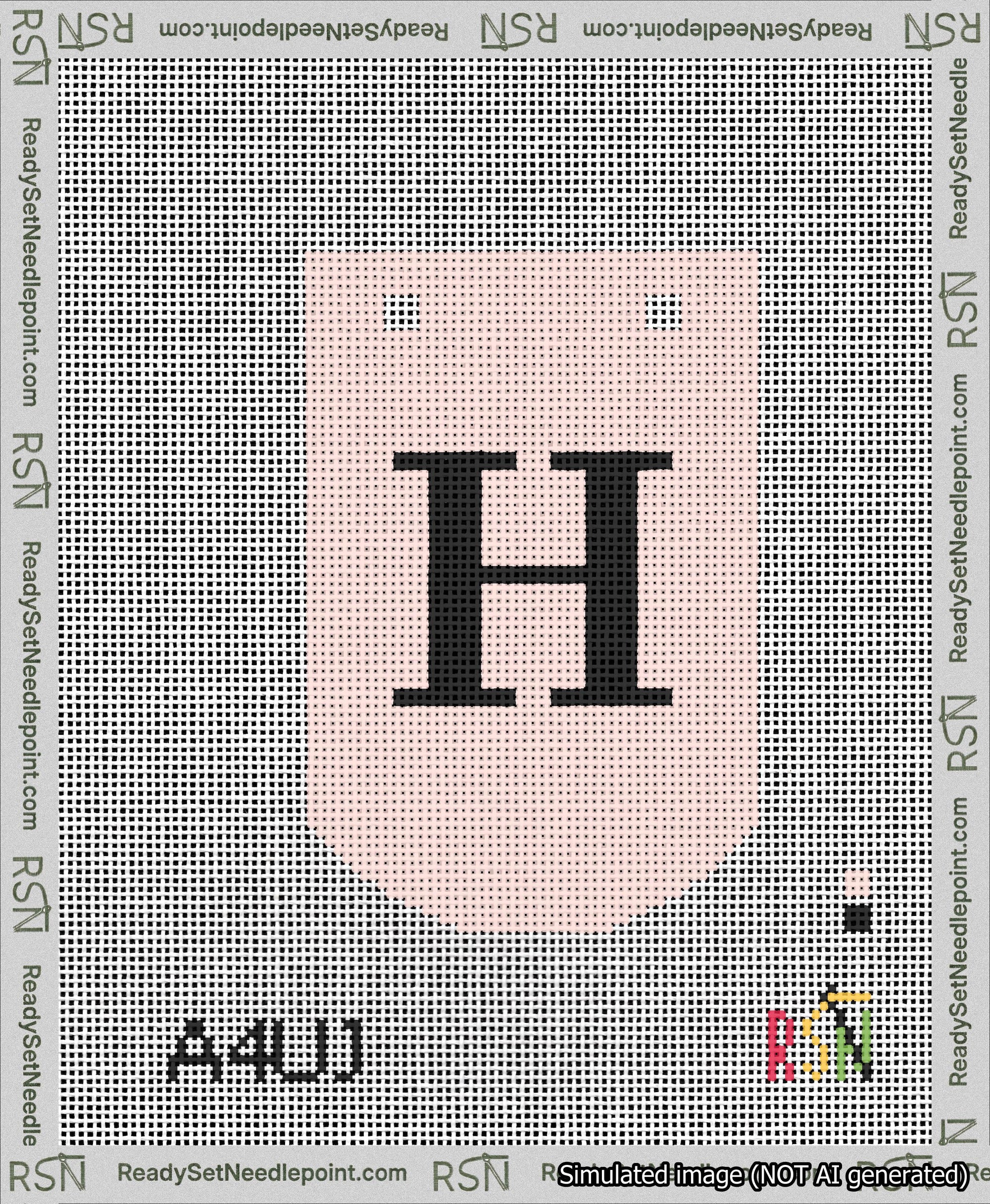 A taped needlepoint canvas with the design: Banner 13 mesh count Curved H Black on Pink.