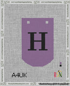 A taped needlepoint canvas with the design: Banner 13 mesh count Curved H Black on Purple.