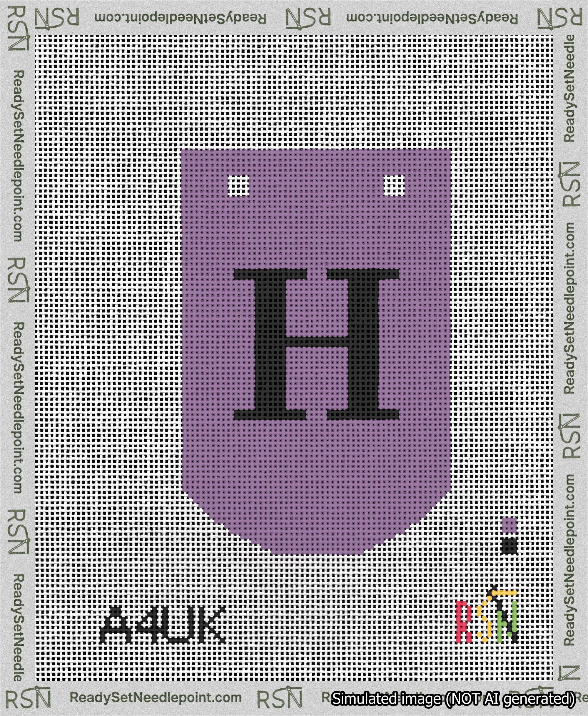 A taped needlepoint canvas with the design: Banner 13 mesh count Curved H Black on Purple.