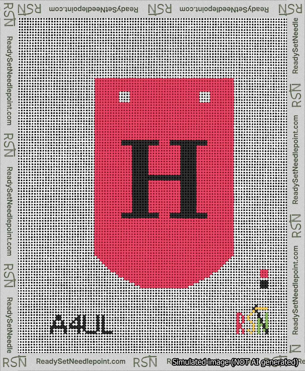 A taped needlepoint canvas with the design: Banner 13 mesh count Curved H Black on Red.