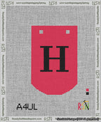A taped needlepoint canvas with the design: Banner 13 mesh count Curved H Black on Red.