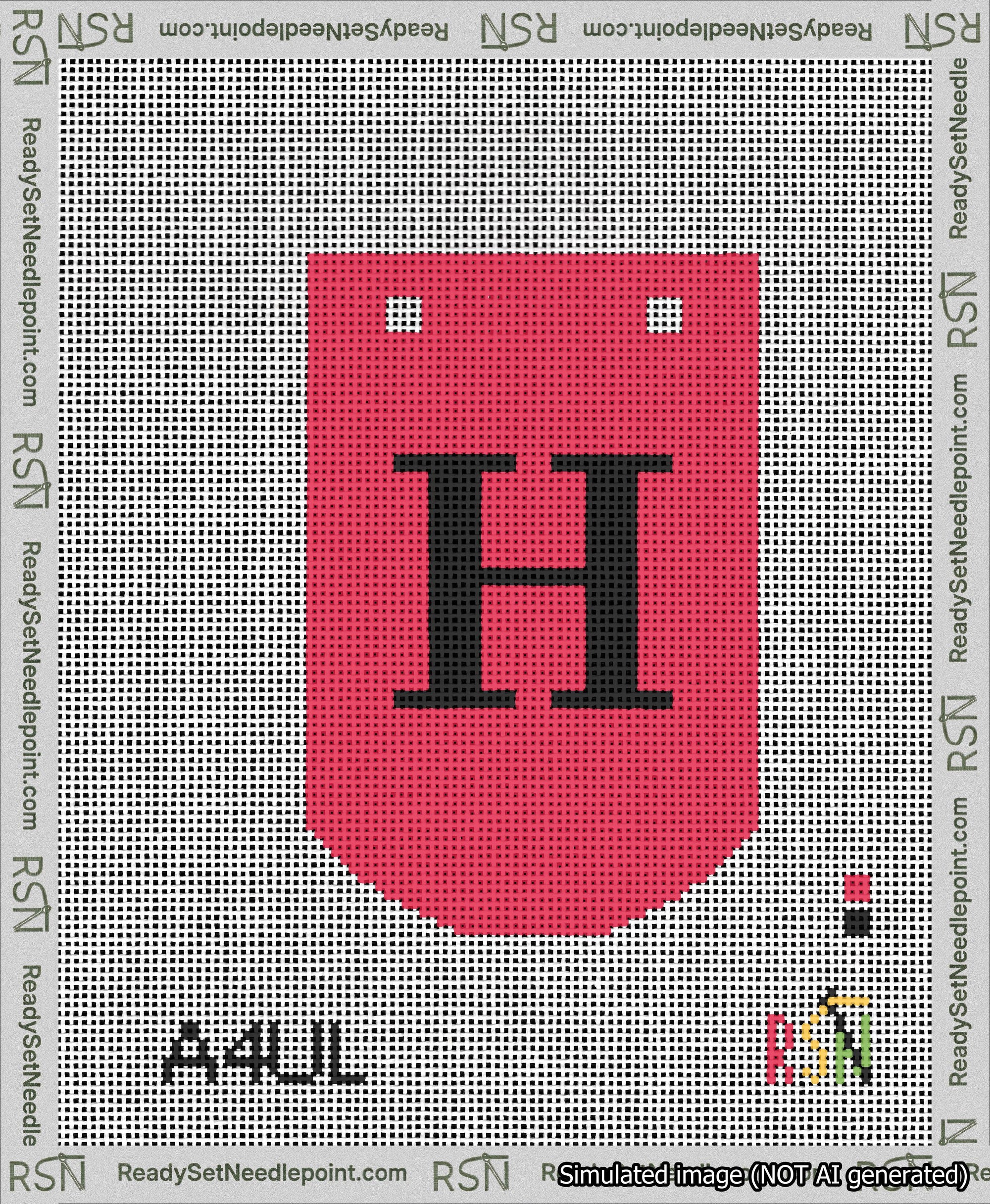 A taped needlepoint canvas with the design: Banner 13 mesh count Curved H Black on Red.