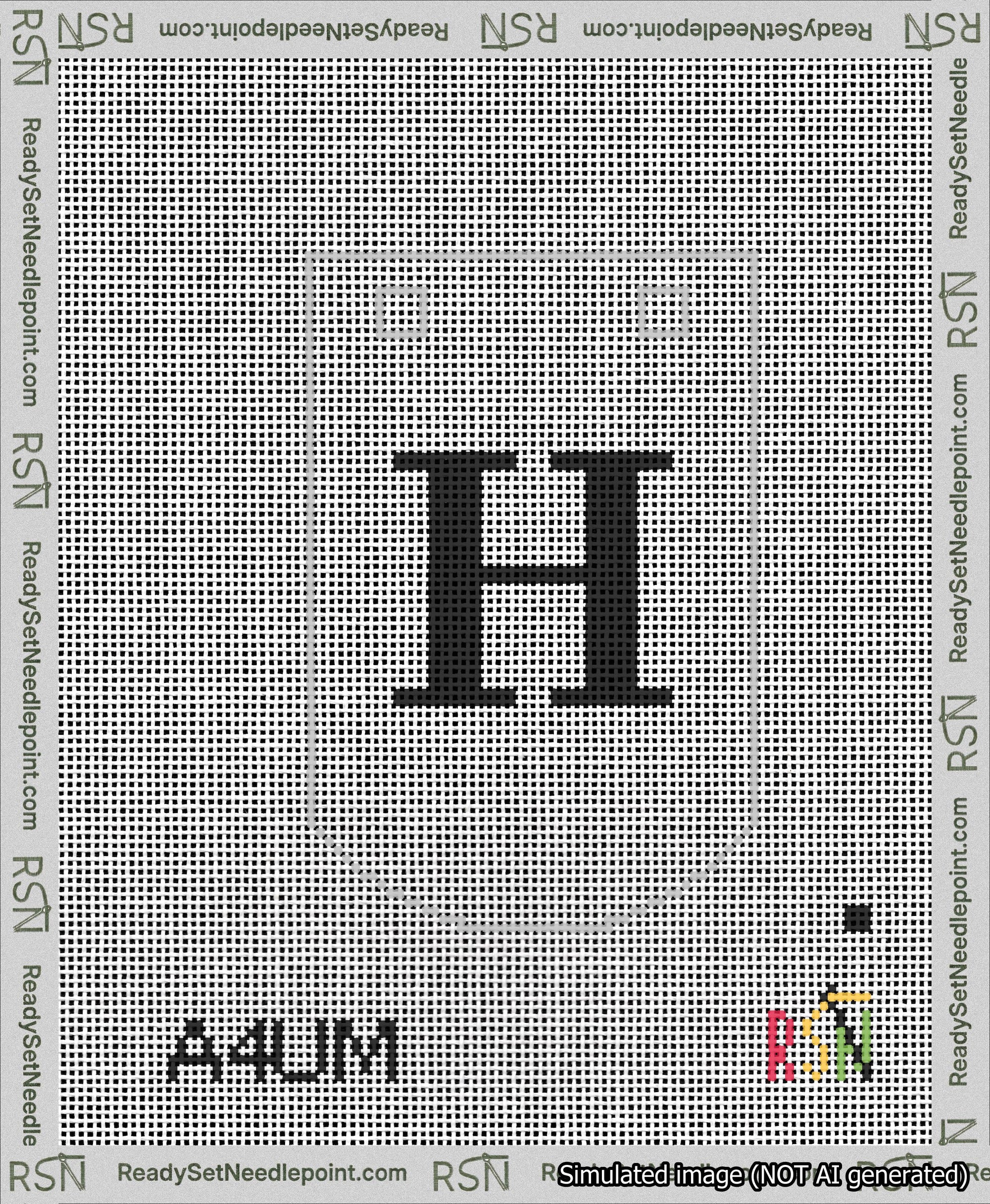 A taped needlepoint canvas with the design: Banner 13 mesh count Curved H Black on White.