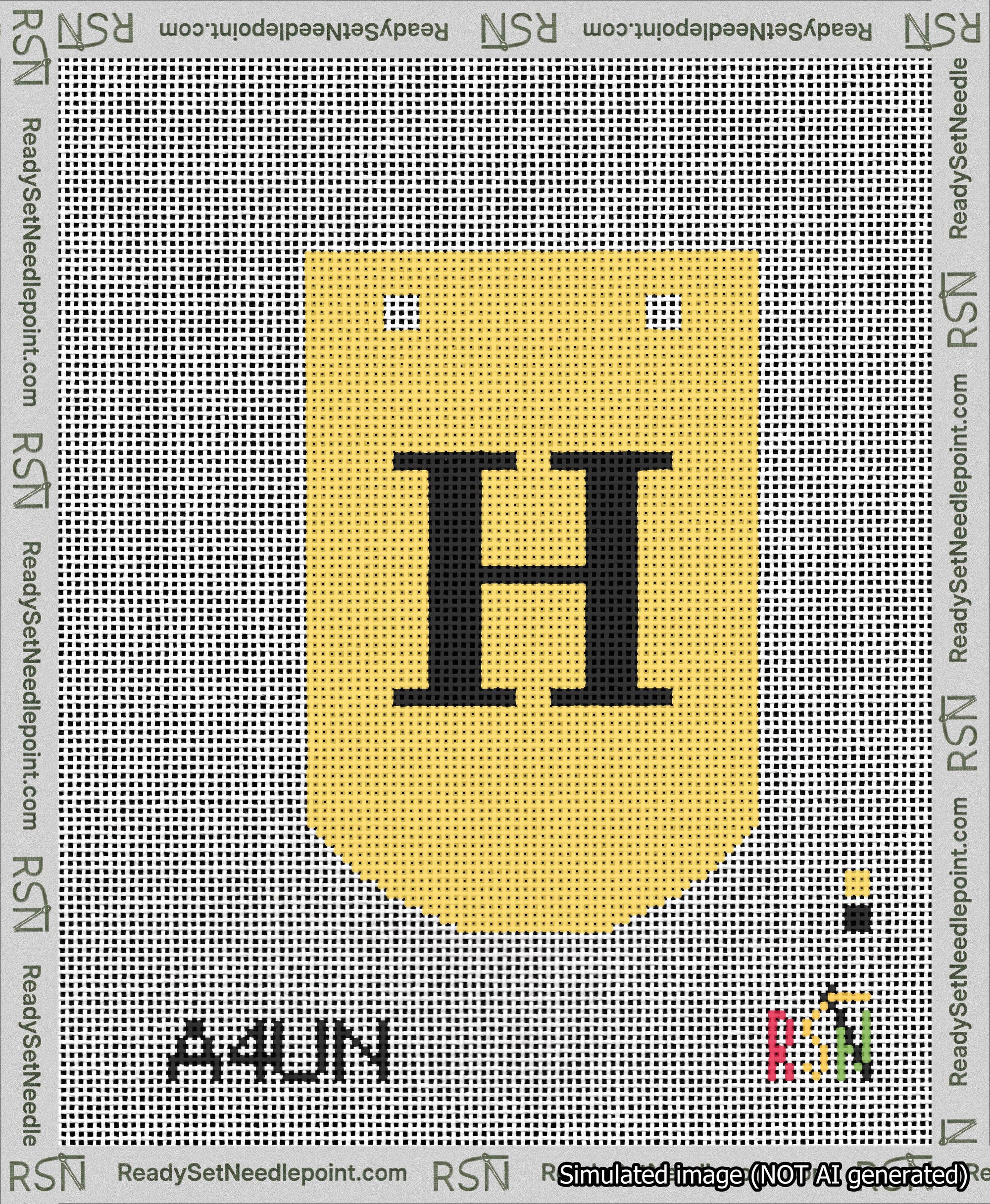 A taped needlepoint canvas with the design: Banner 13 mesh count Curved H Black on Yellow.
