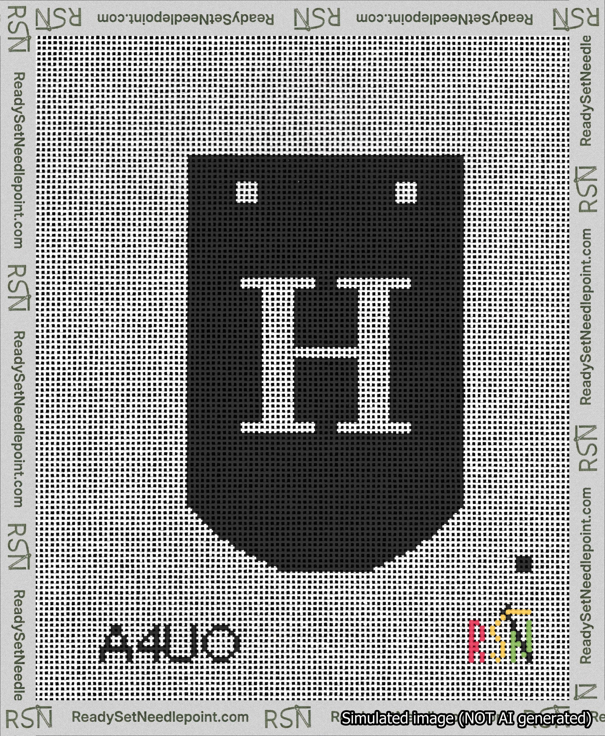 A taped needlepoint canvas with the design: Banner 13 mesh count Curved H White on Black.