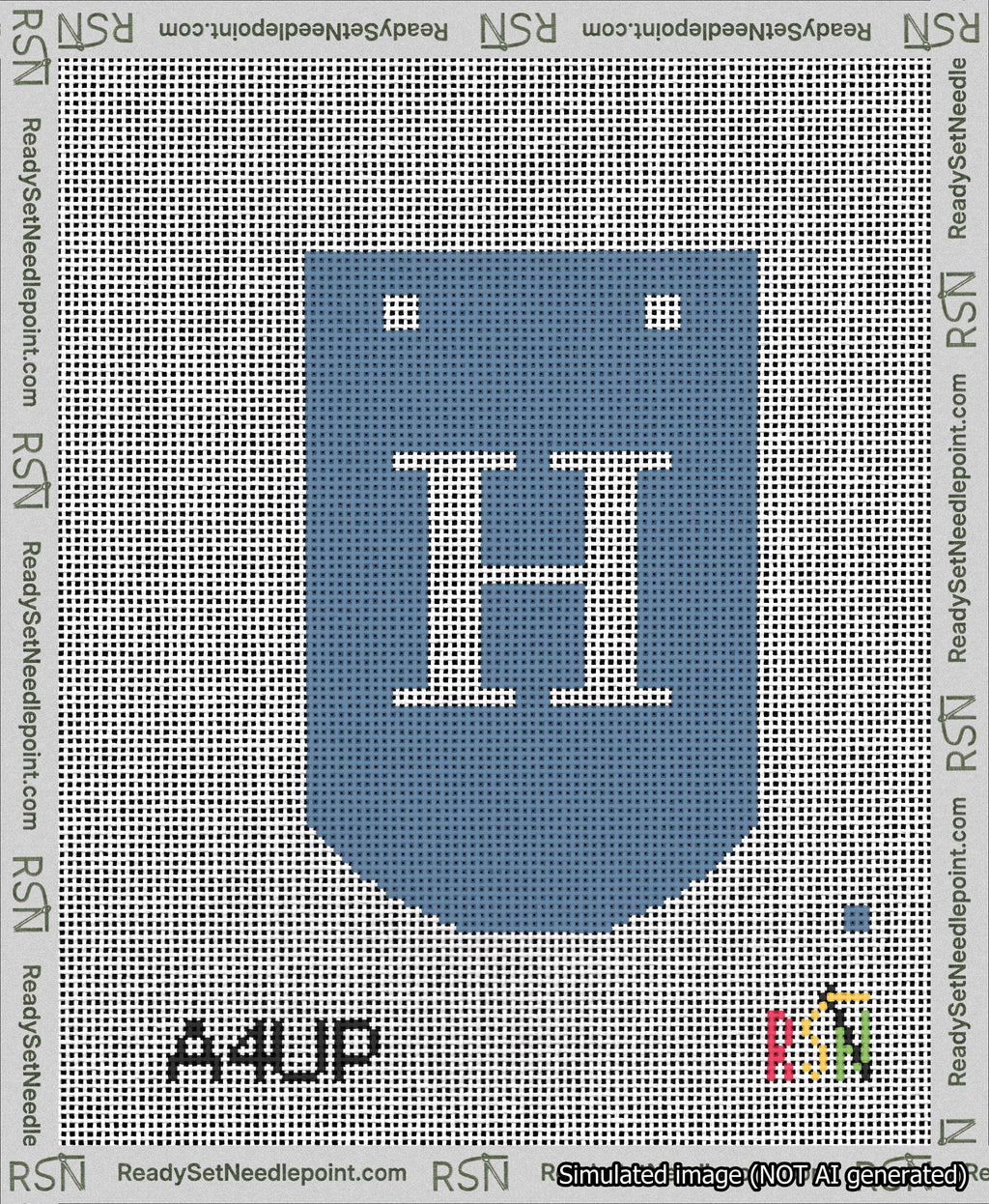 A taped needlepoint canvas with the design: Banner 13 mesh count Curved H White on Blue.