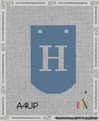 A taped needlepoint canvas with the design: Banner 13 mesh count Curved H White on Blue.