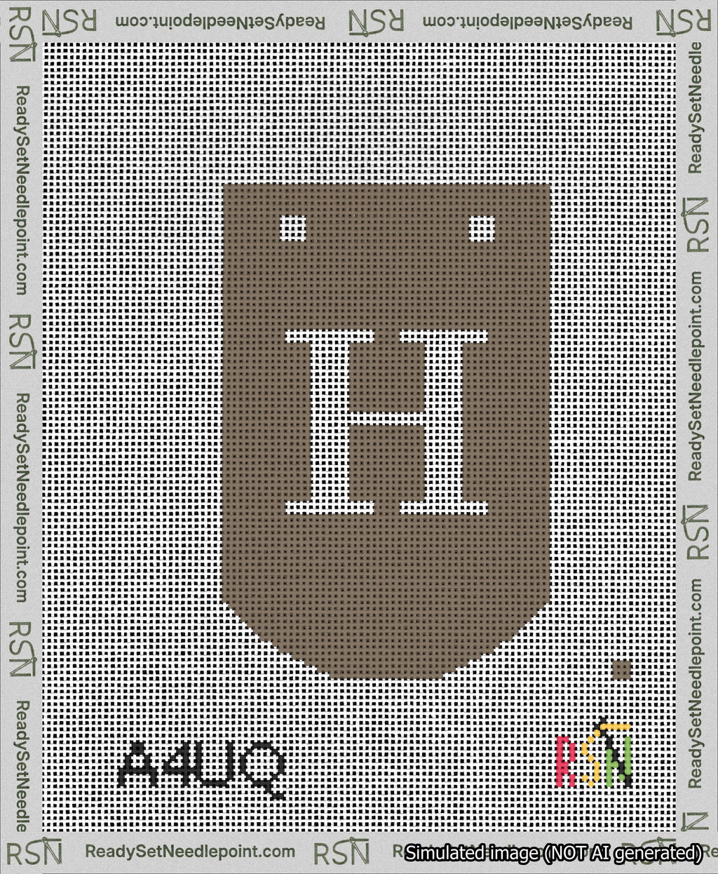 A taped needlepoint canvas with the design: Banner 13 mesh count Curved H White on Brown.