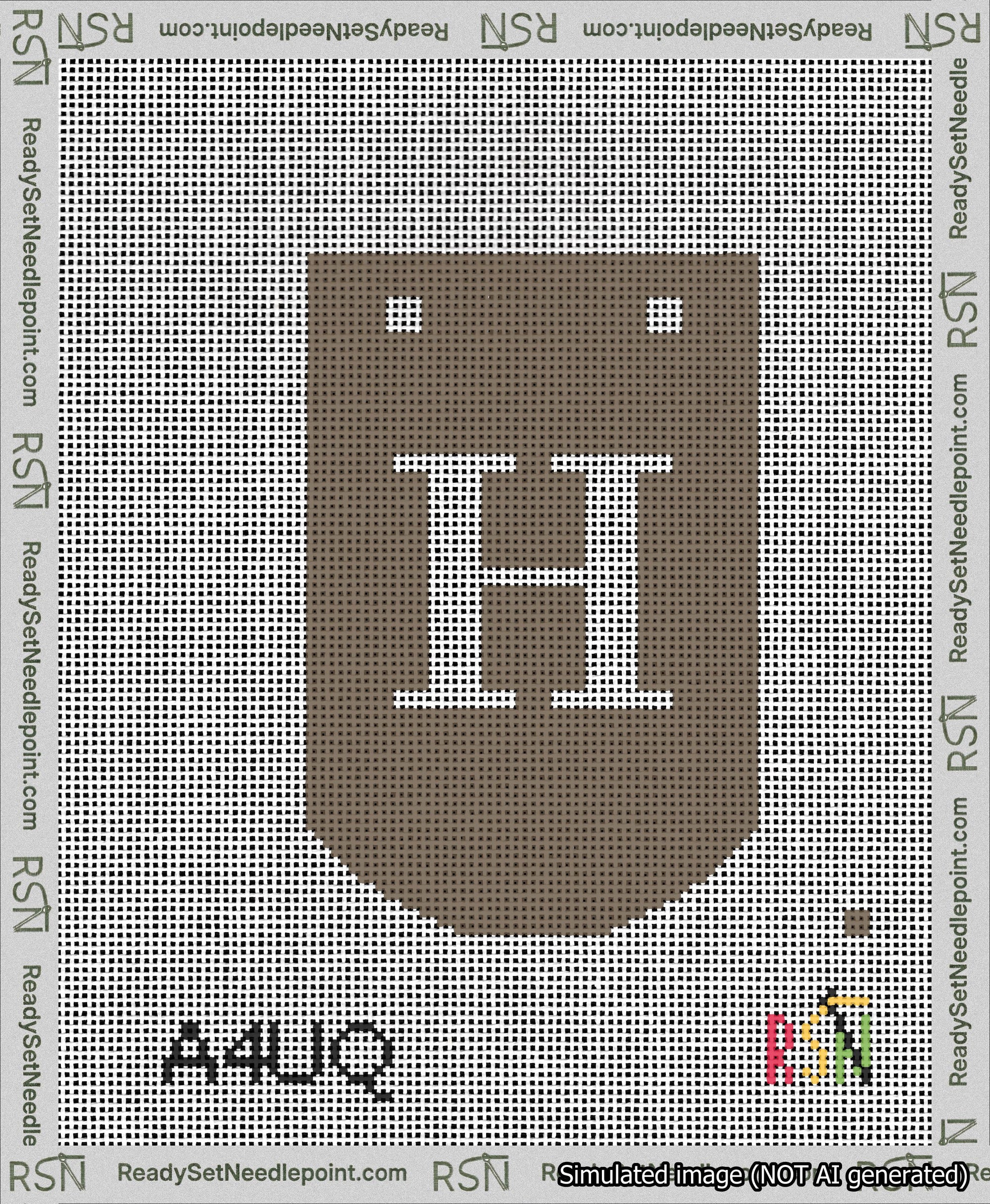 A taped needlepoint canvas with the design: Banner 13 mesh count Curved H White on Brown.