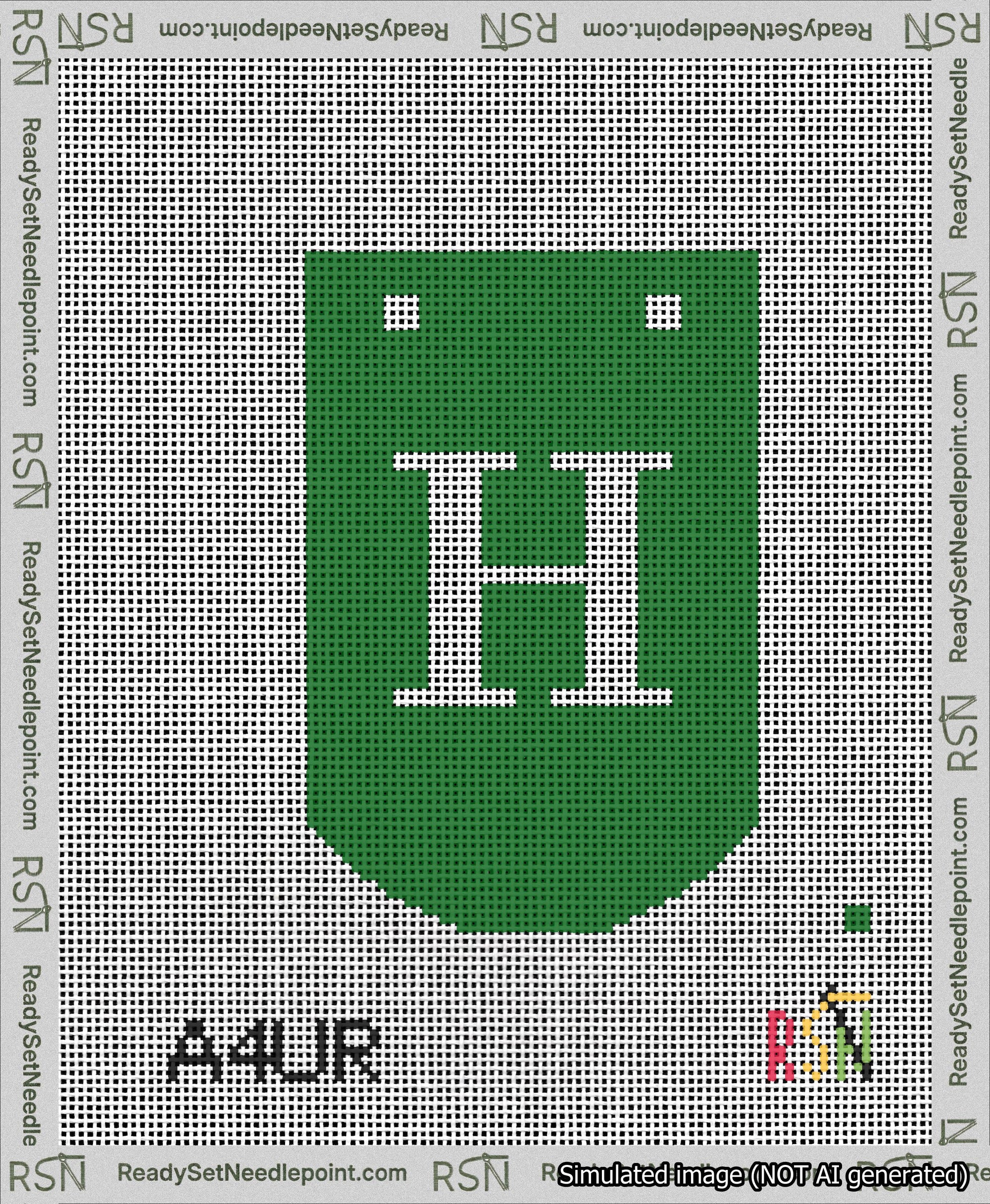 A taped needlepoint canvas with the design: Banner 13 mesh count Curved H White on Green.