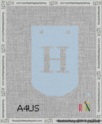 A taped needlepoint canvas with the design: Banner 13 mesh count Curved H White on Light Blue.