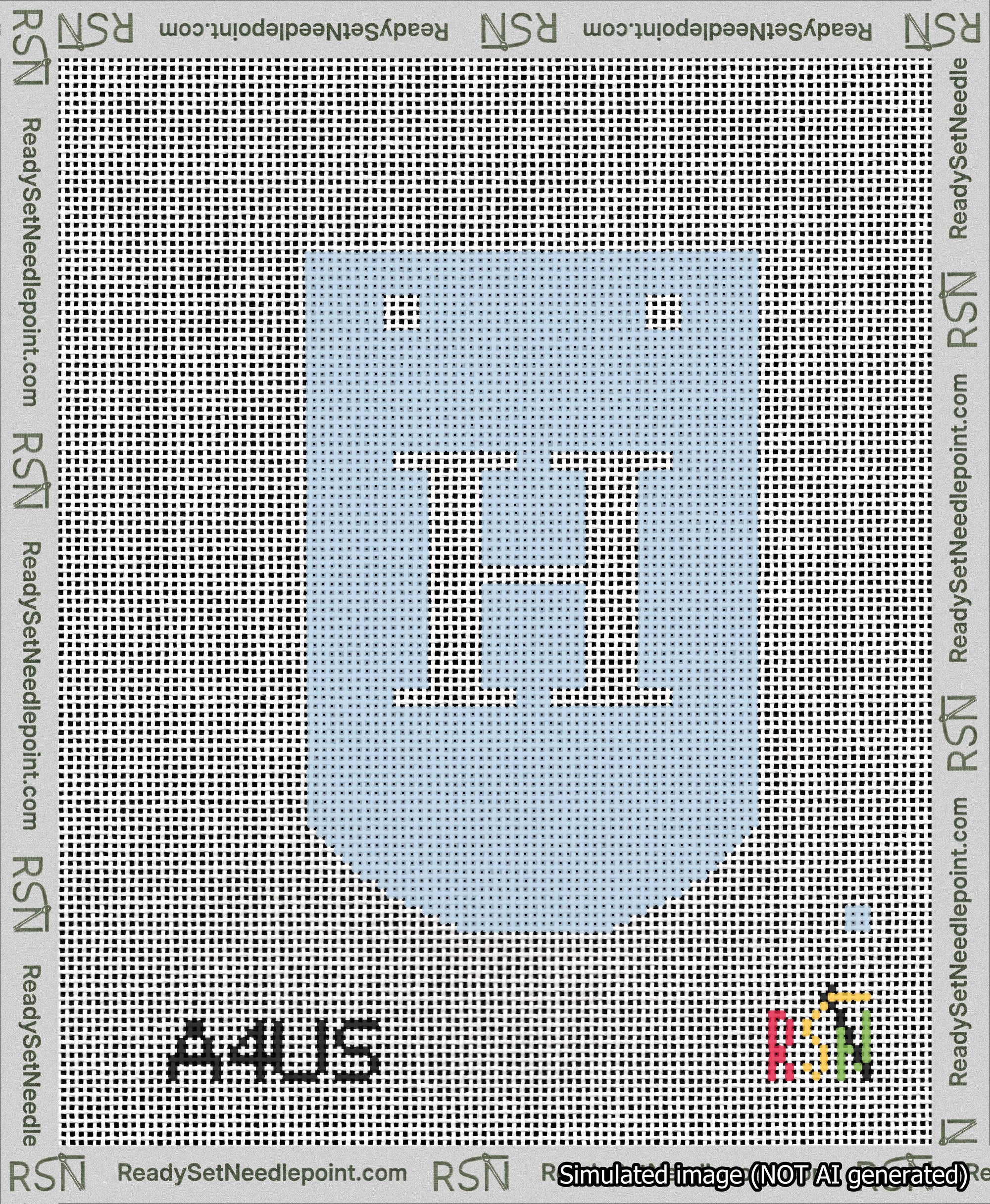 A taped needlepoint canvas with the design: Banner 13 mesh count Curved H White on Light Blue.