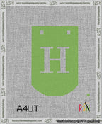A taped needlepoint canvas with the design: Banner 13 mesh count Curved H White on Light Green.