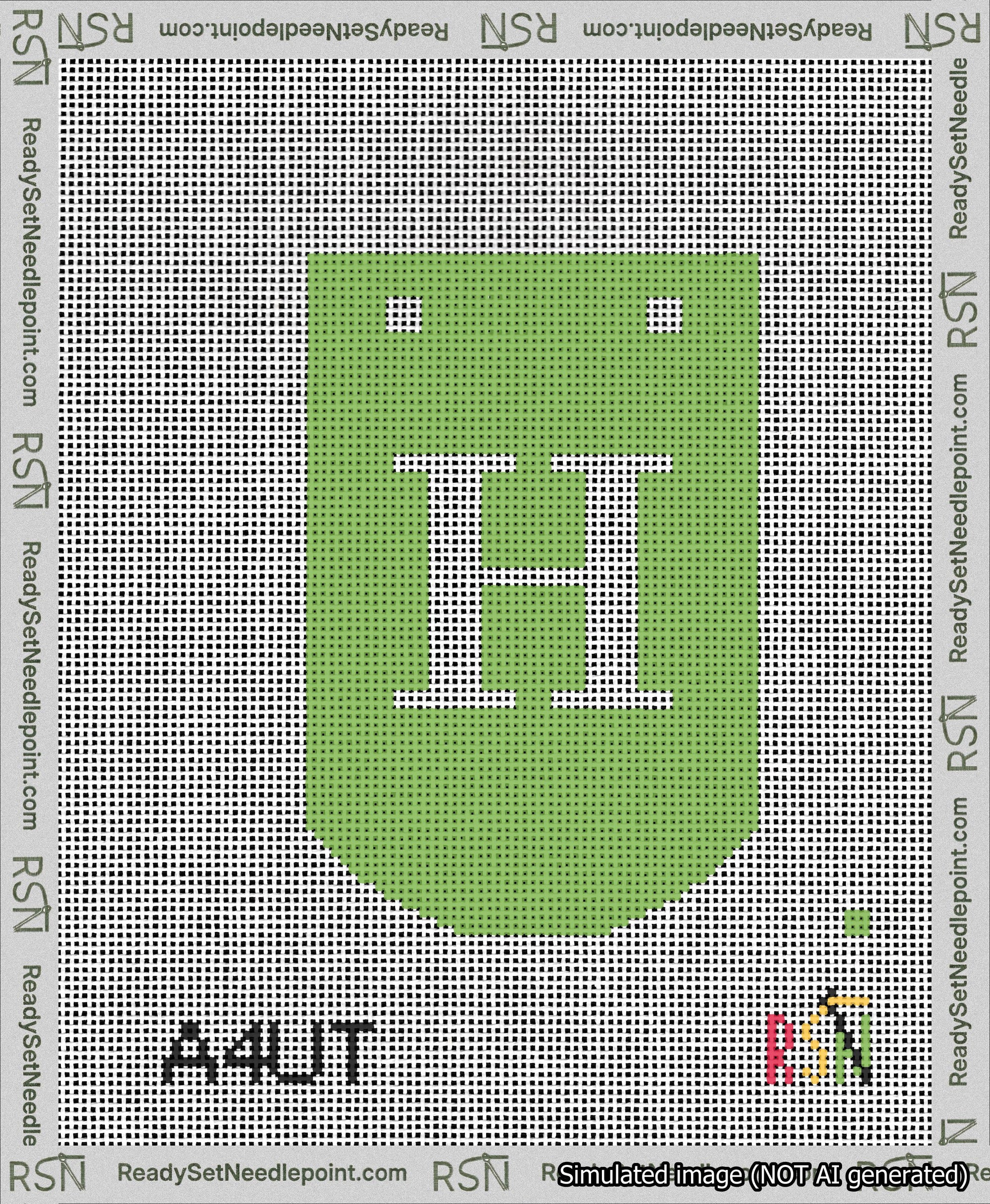 A taped needlepoint canvas with the design: Banner 13 mesh count Curved H White on Light Green.