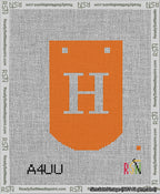 A taped needlepoint canvas with the design: Banner 13 mesh count Curved H White on Orange.