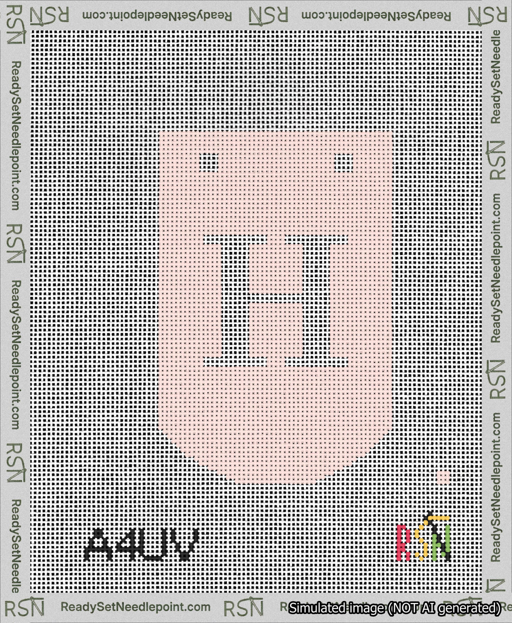 A taped needlepoint canvas with the design: Banner 13 mesh count Curved H White on Pink.