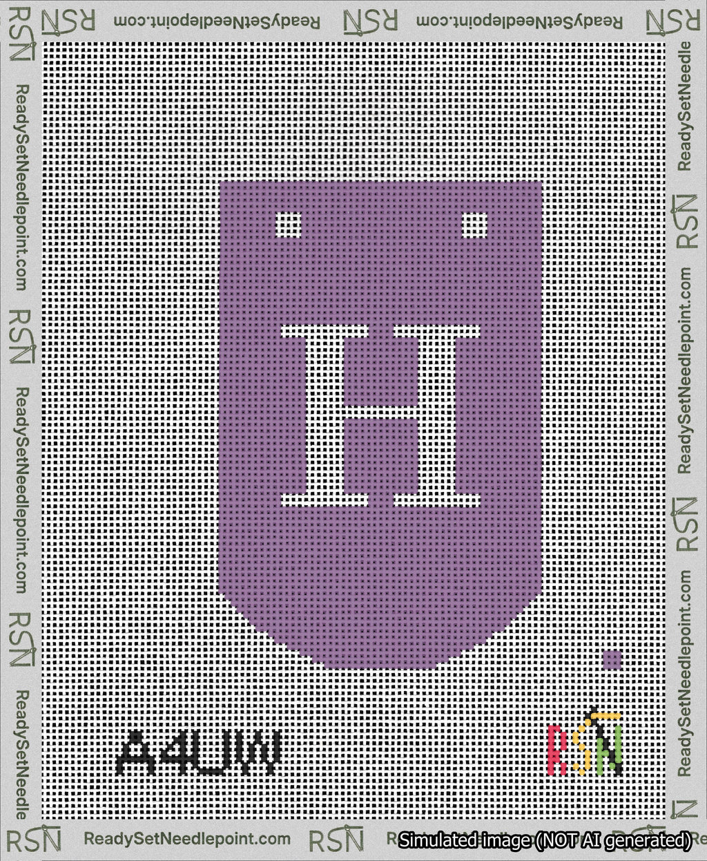 A taped needlepoint canvas with the design: Banner 13 mesh count Curved H White on Purple.