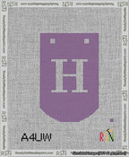 A taped needlepoint canvas with the design: Banner 13 mesh count Curved H White on Purple.