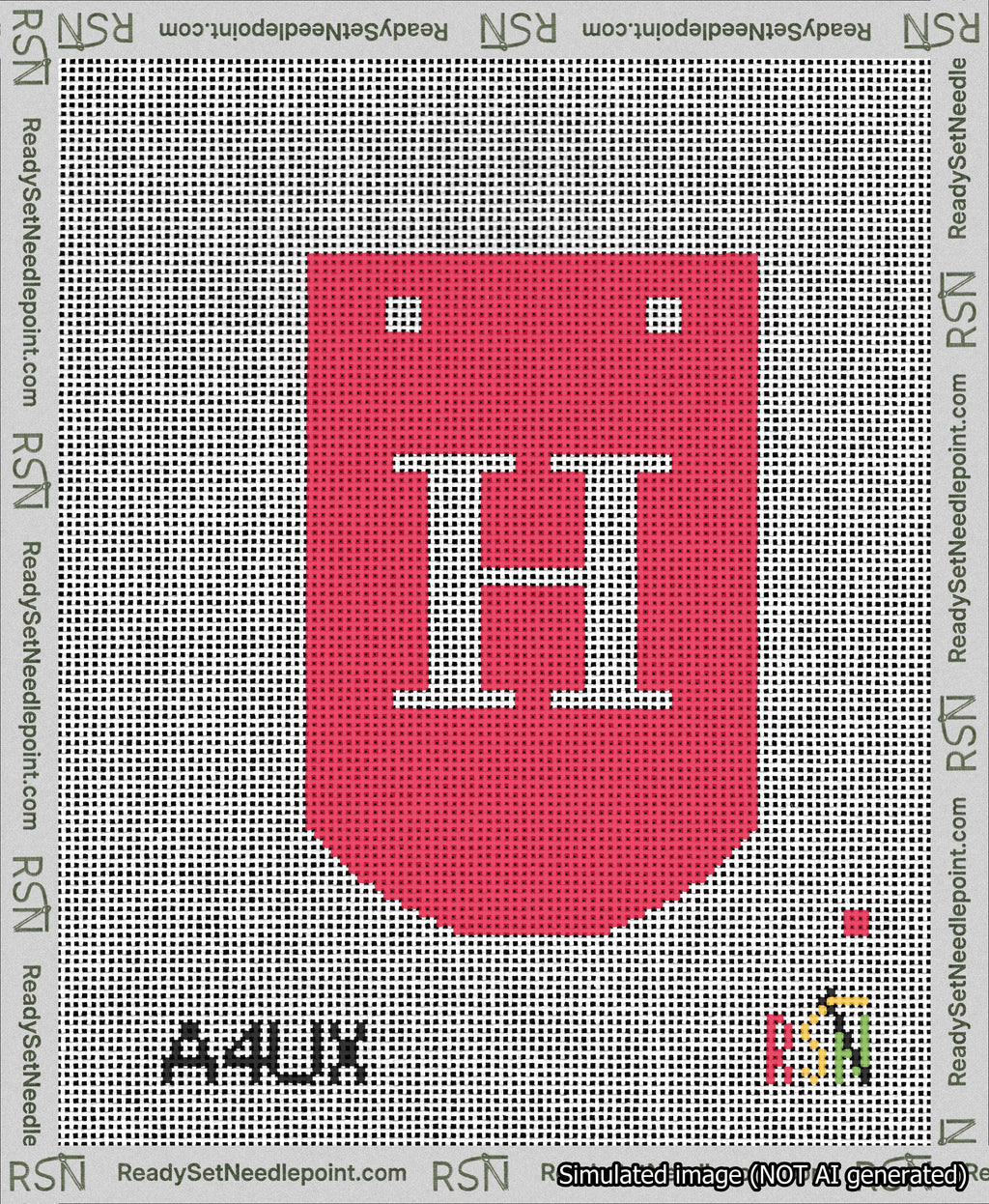 A taped needlepoint canvas with the design: Banner 13 mesh count Curved H White on Red.