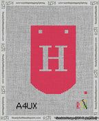 A taped needlepoint canvas with the design: Banner 13 mesh count Curved H White on Red.