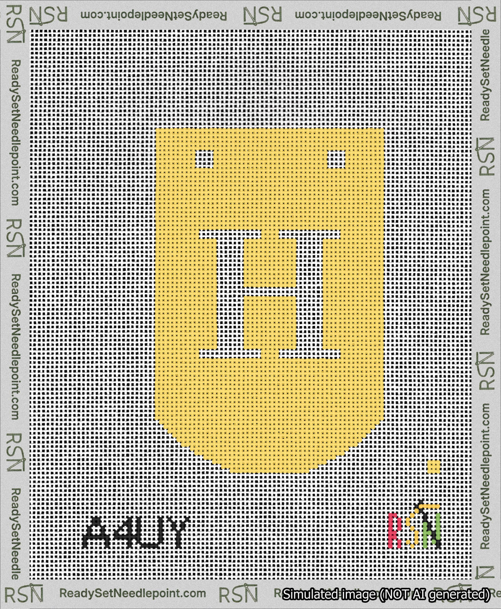 A taped needlepoint canvas with the design: Banner 13 mesh count Curved H White on Yellow.