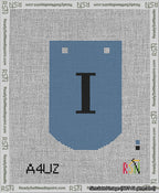 A taped needlepoint canvas with the design: Banner 13 mesh count Curved I Black on Blue.