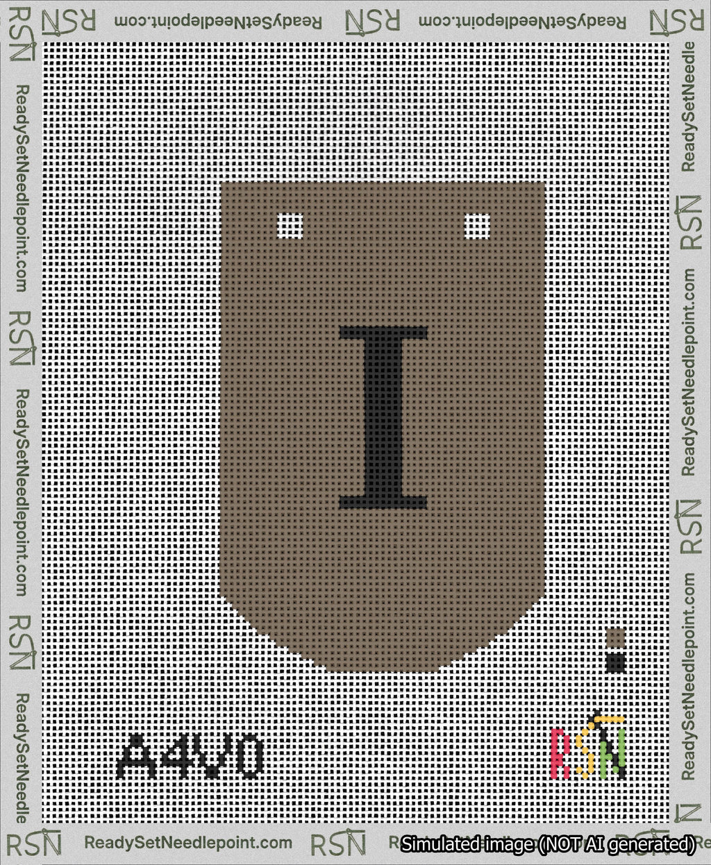 A taped needlepoint canvas with the design: Banner 13 mesh count Curved I Black on Brown.