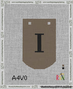 A taped needlepoint canvas with the design: Banner 13 mesh count Curved I Black on Brown.