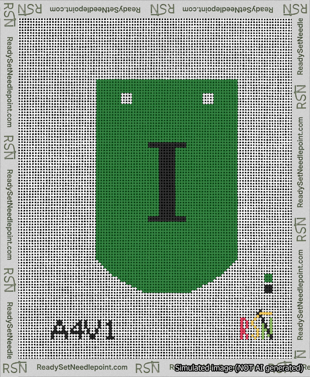 A taped needlepoint canvas with the design: Banner 13 mesh count Curved I Black on Green.