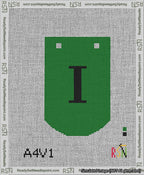 A taped needlepoint canvas with the design: Banner 13 mesh count Curved I Black on Green.