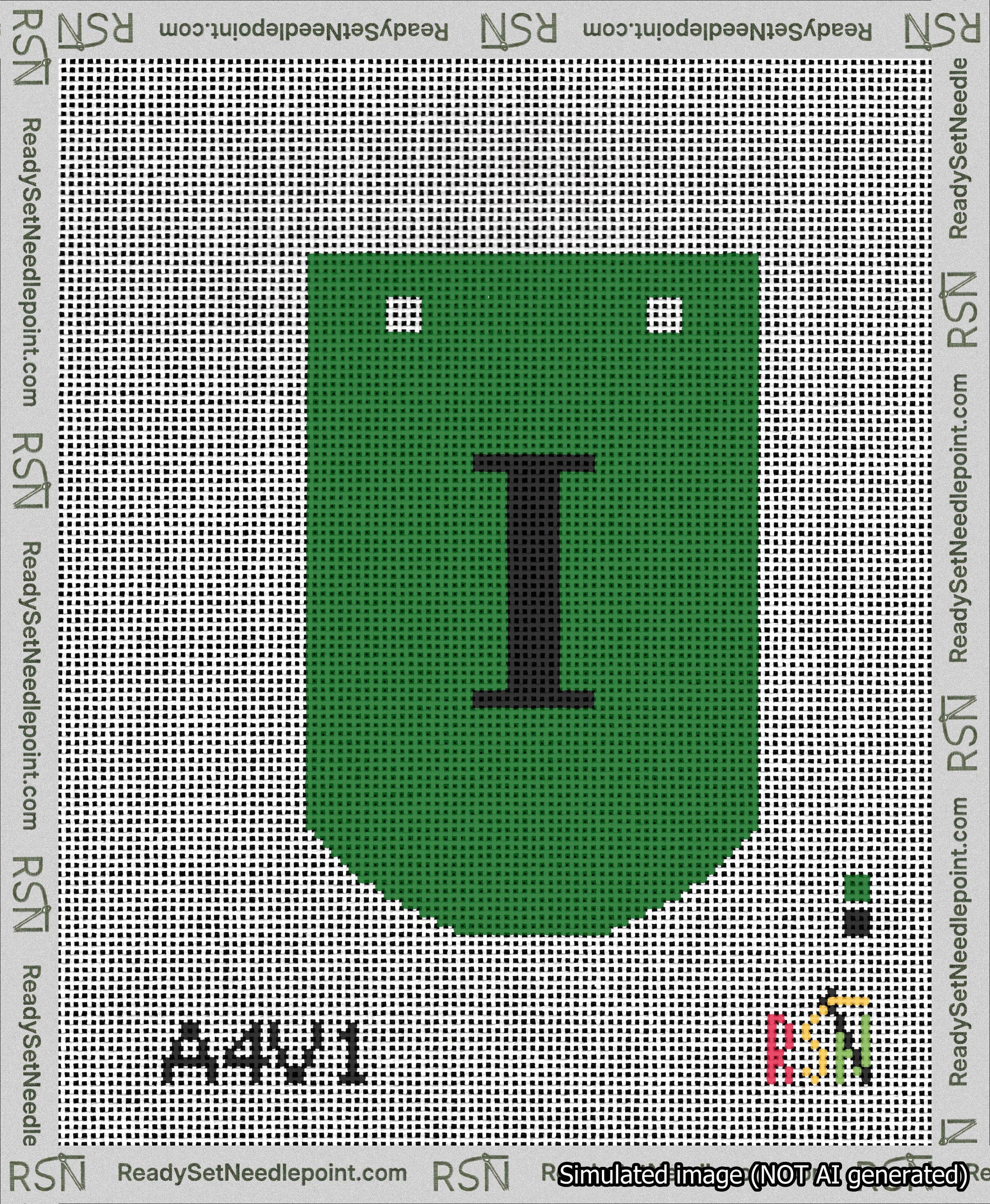 A taped needlepoint canvas with the design: Banner 13 mesh count Curved I Black on Green.