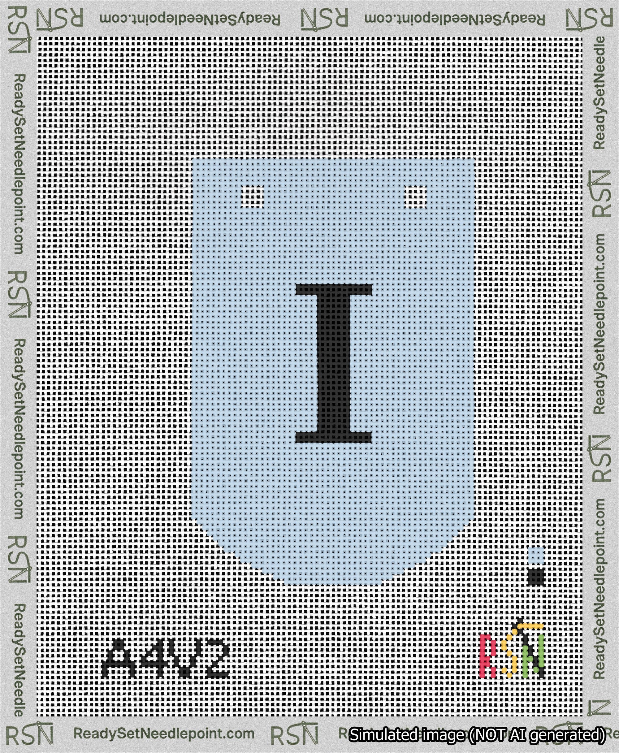A taped needlepoint canvas with the design: Banner 13 mesh count Curved I Black on Light Blue.