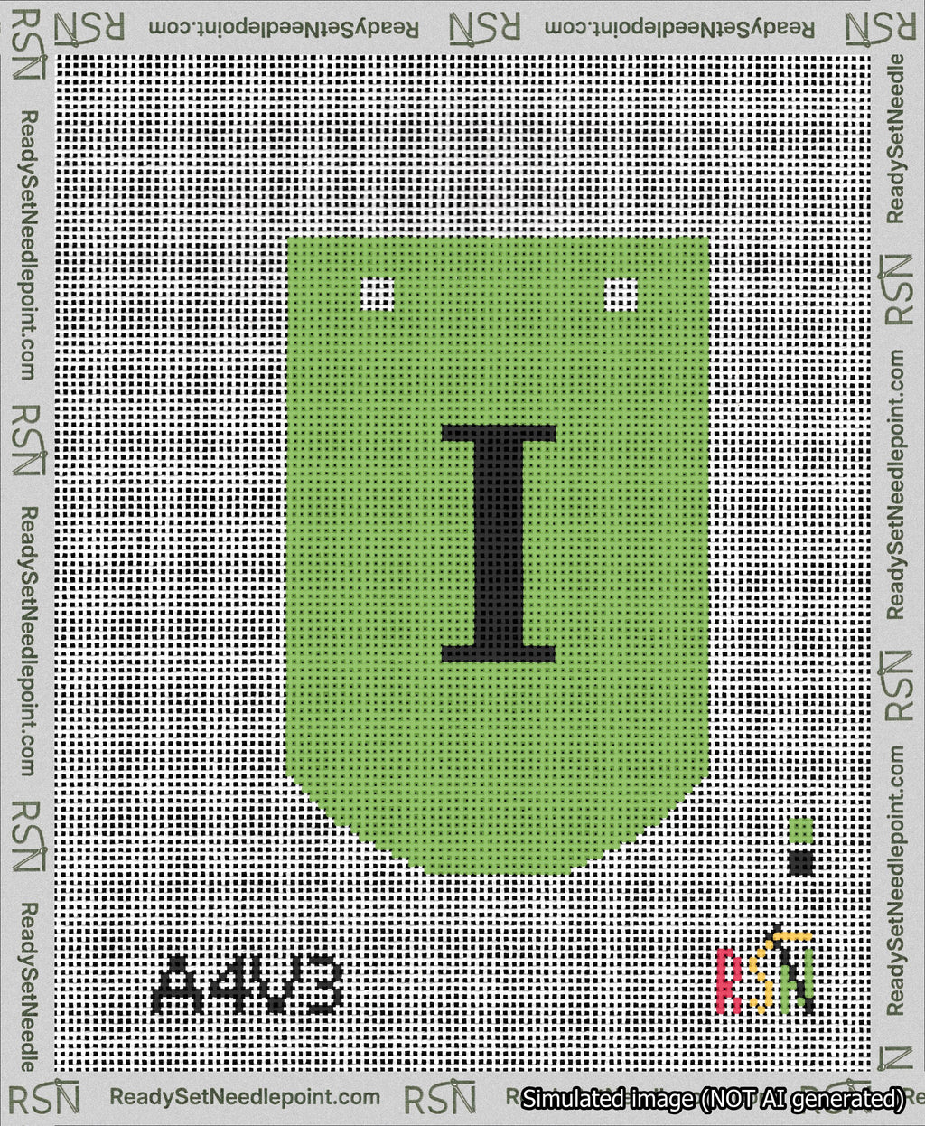 A taped needlepoint canvas with the design: Banner 13 mesh count Curved I Black on Light Green.