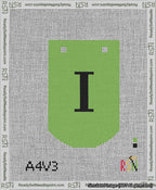 A taped needlepoint canvas with the design: Banner 13 mesh count Curved I Black on Light Green.