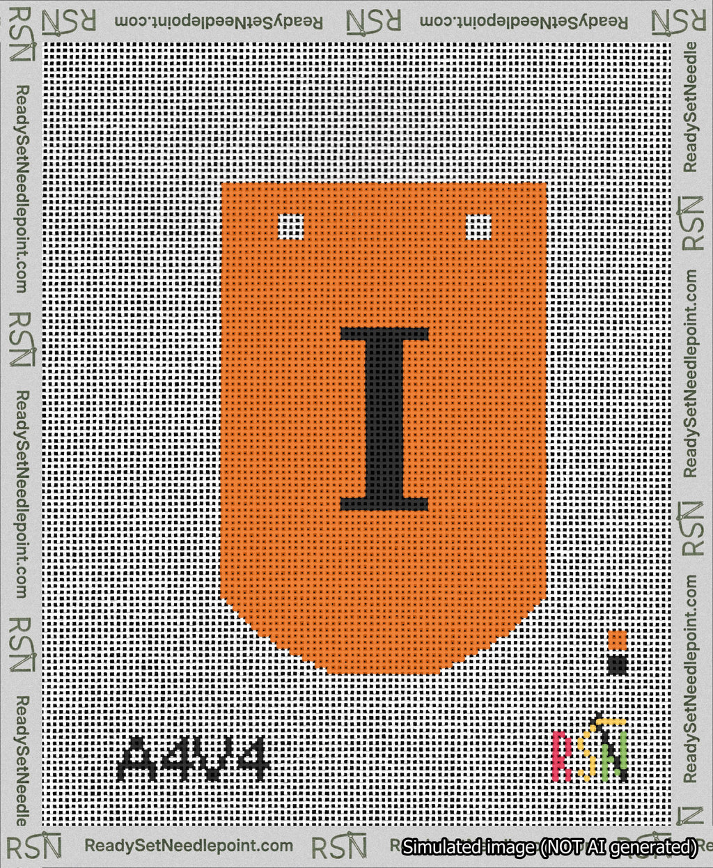 A taped needlepoint canvas with the design: Banner 13 mesh count Curved I Black on Orange.